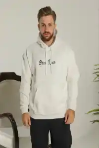 Erkek Kapüşonlu Kanguru Cepli Sweatshirt 3 İplik Pamuklu Baskılı Hoodie - Beyaz
