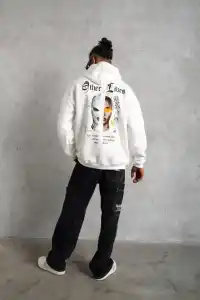 Erkek Kapüşonlu Kanguru Cepli Sweatshirt 3 İplik Pamuklu Baskılı Hoodie - Beyaz