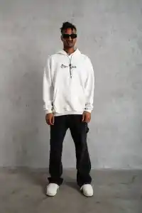 Erkek Kapüşonlu Kanguru Cepli Sweatshirt 3 İplik Pamuklu Baskılı Hoodie - Beyaz