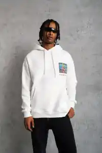 Erkek 3 İplik Pamuklu Kapüşonlu Baskılı Cepli Oversize Sweatshirt Hoodie - Beyaz