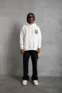Erkek 3 İplik Pamuklu Kapüşonlu Baskılı Cepli Oversize Sweatshirt Hoodie - Beyaz