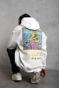 Erkek 3 İplik Pamuklu Kapüşonlu Baskılı Cepli Oversize Sweatshirt Hoodie - Beyaz
