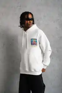Erkek 3 İplik Pamuklu Kapüşonlu Baskılı Cepli Oversize Sweatshirt Hoodie - Beyaz