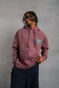 Erkek 3 İplik Pamuklu Kapüşonlu Baskılı Cepli Oversize Sweatshirt Hoodie - Gül Kurusu