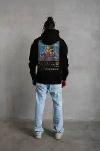 Erkek 3 İplik Pamuklu Kapüşonlu Baskılı Cepli Oversize Sweatshirt Hoodie - Siyah