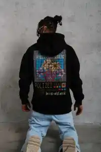 Erkek 3 İplik Pamuklu Kapüşonlu Baskılı Cepli Oversize Sweatshirt Hoodie - Siyah