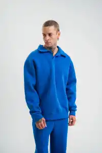 Erkek Açık Yakalı Oversize 3 İplik Pamuklu Sweatshirt - Mavii