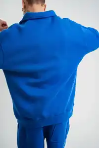 Erkek Açık Yakalı Oversize 3 İplik Pamuklu Sweatshirt - Mavii