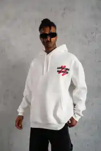 Erkek 3 İplik Pamuklu Kapüşonlu Baskılı Cepli Oversize Sweatshirt Hoodie - Beyaz