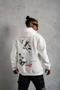 Erkek 3 İplik Pamuklu Kapüşonlu Baskılı Cepli Oversize Sweatshirt Hoodie - Beyaz