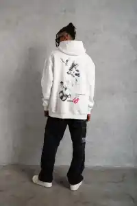 Erkek 3 İplik Pamuklu Kapüşonlu Baskılı Cepli Oversize Sweatshirt Hoodie - Beyaz
