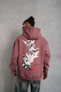 Erkek 3 İplik Pamuklu Kapüşonlu Baskılı Cepli Oversize Sweatshirt Hoodie - Gül Kurusu