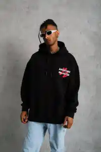 Erkek 3 İplik Pamuklu Kapüşonlu Baskılı Cepli Oversize Sweatshirt Hoodie - Siyah