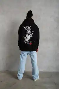 Erkek 3 İplik Pamuklu Kapüşonlu Baskılı Cepli Oversize Sweatshirt Hoodie - Siyah