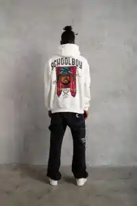 Erkek 3 İplik Pamuklu Kapüşonlu Baskılı Cepli Oversize Sweatshirt Hoodie - Beyaz