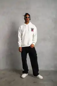 Erkek 3 İplik Pamuklu Kapüşonlu Baskılı Cepli Oversize Sweatshirt Hoodie - Beyaz