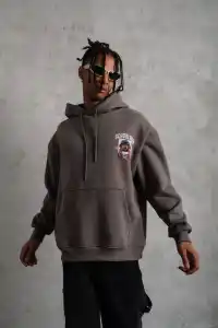 Erkek 3 İplik Pamuklu Kapüşonlu Baskılı Cepli Oversize Sweatshirt Hoodie - Gri