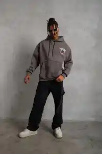 Erkek 3 İplik Pamuklu Kapüşonlu Baskılı Cepli Oversize Sweatshirt Hoodie - Gri