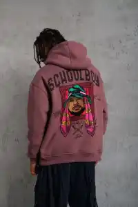 Erkek 3 İplik Pamuklu Kapüşonlu Baskılı Cepli Oversize Sweatshirt Hoodie - Gül Kurusu