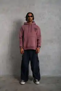 Erkek 3 İplik Pamuklu Kapüşonlu Baskılı Cepli Oversize Sweatshirt Hoodie - Gül Kurusu