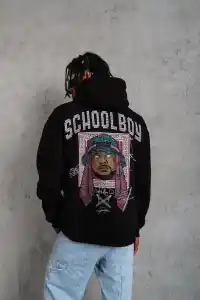 Erkek 3 İplik Pamuklu Kapüşonlu Baskılı Cepli Oversize Sweatshirt Hoodie - Siyah