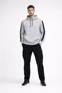 Erkek Şeritli Kapüşonlu Oversize Sweatshirt 3 iplik Pamuklu hoodie - Beyaz