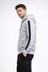 Erkek Şeritli Kapüşonlu Oversize Sweatshirt 3 iplik Pamuklu hoodie - Beyaz