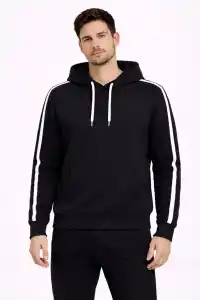 Erkek Şeritli Kapüşonlu Sweatshirt Oversize 3 iplik Pamuklu Hoodei - Siyah
