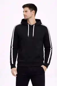 Erkek Şeritli Kapüşonlu Sweatshirt Oversize 3 iplik Pamuklu Hoodei - Siyah