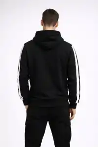 Erkek Şeritli Kapüşonlu Sweatshirt Oversize 3 iplik Pamuklu Hoodie - Siyah