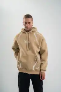Erkek Baskılı Kapüşonlu Oversize 3 İplik Pamuklu SweatShirt Hoodie - Füme