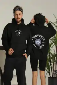 Erkek Sırt Baskılı Oversize 3 İplik Kapüşonlu Hoodie Sweatshirt - Siyah