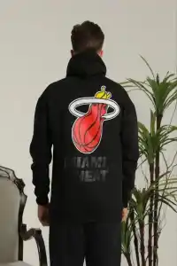 Erkek 3 İplik Pamuklu Kapüşonlu Baskılı Cepli Oversize Sweatshirt Hoodie - Siyah