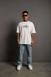 Erkek Kısa Kol Yazlık Tişört Bisiklet Yaka Baskılı Oversize T-Shirt - Beyaz