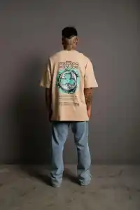 Erkek Kısa Kol Yazlık Tişört Bisiklet Yaka Baskılı Oversize T-Shirt - Bej