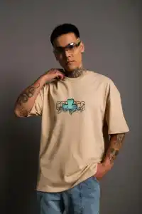 Erkek Kısa Kol Yazlık Tişört Bisiklet Yaka Baskılı Oversize T-Shirt - Bej