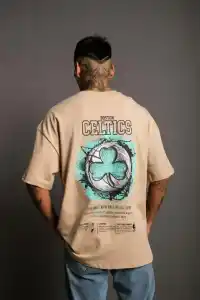 Erkek Kısa Kol Yazlık Tişört Bisiklet Yaka Baskılı Oversize T-Shirt - Bej