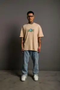 Erkek Kısa Kol Yazlık Tişört Bisiklet Yaka Baskılı Oversize T-Shirt - Bej