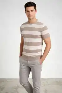 Erkek T-shirt Çizgili Triko  Kısa Kol Yazlık Dokuma Bisiklet Yaka Tişört - Bej