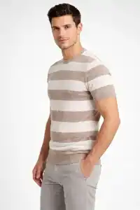 Erkek T-shirt Çizgili Triko  Kısa Kol Yazlık Dokuma Bisiklet Yaka Tişört - Bej
