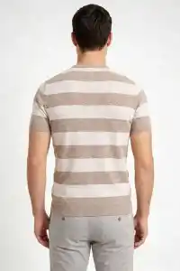 Erkek T-shirt Çizgili Triko  Kısa Kol Yazlık Dokuma Bisiklet Yaka Tişört - Bej
