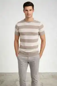 Erkek T-shirt Çizgili Triko  Kısa Kol Yazlık Dokuma Bisiklet Yaka Tişört - Bej