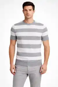 Erkek T-shirt Çizgili Kısa Kol Yazlık Triko Dokuma Bisiklet Yaka Tişört - Gri