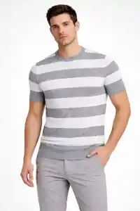 Erkek T-shirt Çizgili Kısa Kol Yazlık Triko Dokuma Bisiklet Yaka Tişört - Gri