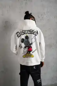 Erkek 3 İplik Pamuklu Kapüşonlu Baskılı Cepli Oversize Sweatshirt Hoodie - Beyaz