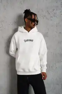 Erkek 3 İplik Pamuklu Kapüşonlu Baskılı Cepli Oversize Sweatshirt Hoodie - Beyaz