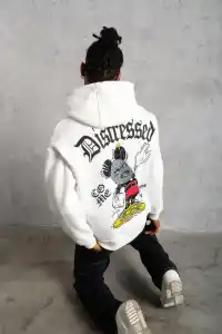 Erkek 3 İplik Pamuklu Kapüşonlu Baskılı Cepli Oversize Sweatshirt Hoodie - Beyaz