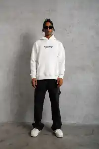 Erkek 3 İplik Pamuklu Kapüşonlu Baskılı Cepli Oversize Sweatshirt Hoodie - Beyaz