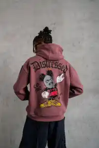 Erkek 3 İplik Pamuklu Kapüşonlu Kanguru Cepli Sweatshirt Hoodie - Gül Kurusu