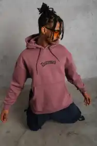 Erkek 3 İplik Pamuklu Kapüşonlu Kanguru Cepli Sweatshirt Hoodie - Gül Kurusu